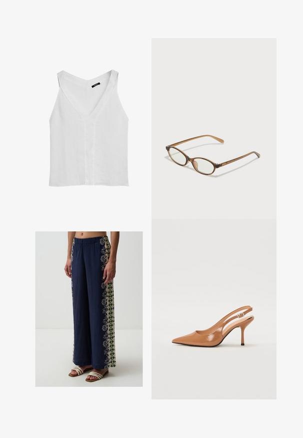 Massimo Dutti FLOWING DOUBLE FABRIC GARMENT - Top - white; Jimmy Key ELASTICIZED PATTERNED - Pantaloni - dark blue; Tacco slingback a punta affusolata in un materiale tan liscio e lucido. Presenta un design con ritaglio curvo e un sottile tacco a stiletto. Dettaglio con fibbia argentata.; Occhiali tortoiseshell marroni con lenti ovali, aste sottili e dettagli trasparenti. Presentano un logo sottile sulla tempia. Design elegante e leggero.