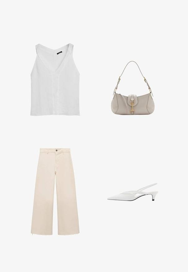 Massimo Dutti FLOWING DOUBLE FABRIC GARMENT - Top - white; Weit geschnittene Hose aus leichtem beigen Baumwollstoff mit Knopfverschluss, dezent fransigem Saum und lockerem Schnitt.; Weißer Slingback-Absatzschuh mit spitzer Zehenpartie, featuring ein glattes Obermaterial, subtile Ausschnitte und einen niedrigen Blockabsatz. Die schwarze Sohle betont das Design.; Helle graue Lederhandtasche mit geschwungener Form, goldenen Beschlägen, einem Frontverschluss und gesteppten Details. Verstellbarer Schulterriemen inklusive.