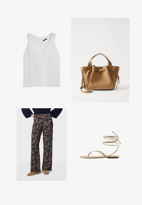 Massimo Dutti FLOWING DOUBLE FABRIC GARMENT - Top - white; Uitlopende broek met een bloemenpatroon in marineblauw op een tan achtergrond, gemaakt van zachte stof met een gladde textuur en een ontwerp met wijde benen.; Gouden platte sandaal met dunne, spiraalvormige enkelbandjes, open teenontwerp en een minimalistische zool. Beschikt over een gladde, metallic afwerking.; Tory Burch ROMY PEBBLED SATCHEL - Handtas - tiramisu