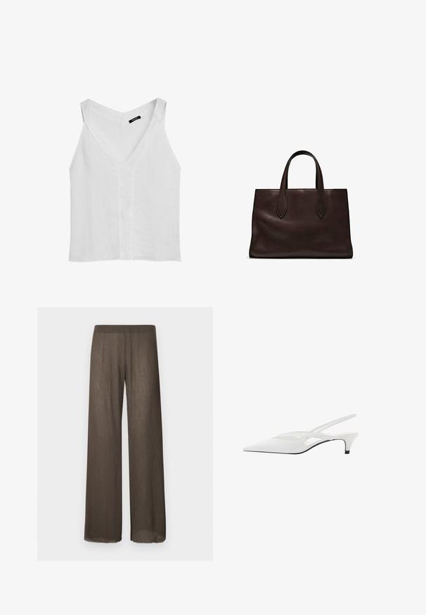 Massimo Dutti FLOWING DOUBLE FABRIC GARMENT - Top - white; Wijde broekspijpen in een donkerbruin, lichtgewicht, gestructureerde stof met een zachte val. Kenmerkt zich door een minimalistisch ontwerp en onafgewerkte zoomdetails.; Witte slingback hak met spitse neus, voorzien van een gladde bovenkant, subtiele uitsparingen en een lage blokhak. Zwarte zool accentueert het ontwerp.; Bruine leren tote bag met twee verlengde handvatten, gestructureerde rechthoekige vorm, gladde textuur en subtiele stiksels.