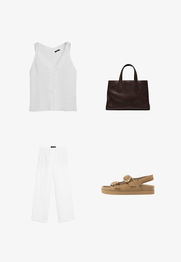 Massimo Dutti FLOWING DOUBLE FABRIC GARMENT - Top - white; White linen wide-leg pants with a smooth texture, featuring a mid-rise waist, two front pockets, and a simple design.; Tan suede sandals with two adjustable straps, gold hardware accents, and a thick cushioned sole for comfort and support.; Brown leather tote bag with two elongated handles, structured rectangular shape, smooth texture, and subtle stitching details.