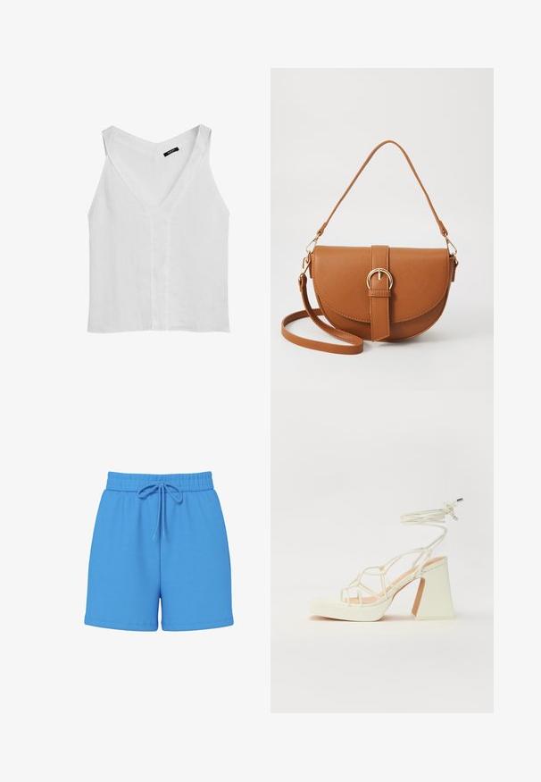 Massimo Dutti FLOWING DOUBLE FABRIC GARMENT - Linne - white; Blå bomullsshorts med elastisk midjeband och dragsko. Slät textur, över knä-längd, inga synliga mönster eller accenter.; Vit högklackad sandal med en kraftig klack, med ett remdesign och ankelband. Slät textur med en plattform framtill för ökad höjd.; Brun läder crossbody-väska med en böjd form, gyllene detaljer och en spänneaccent. Har en avtagbar axelrem.