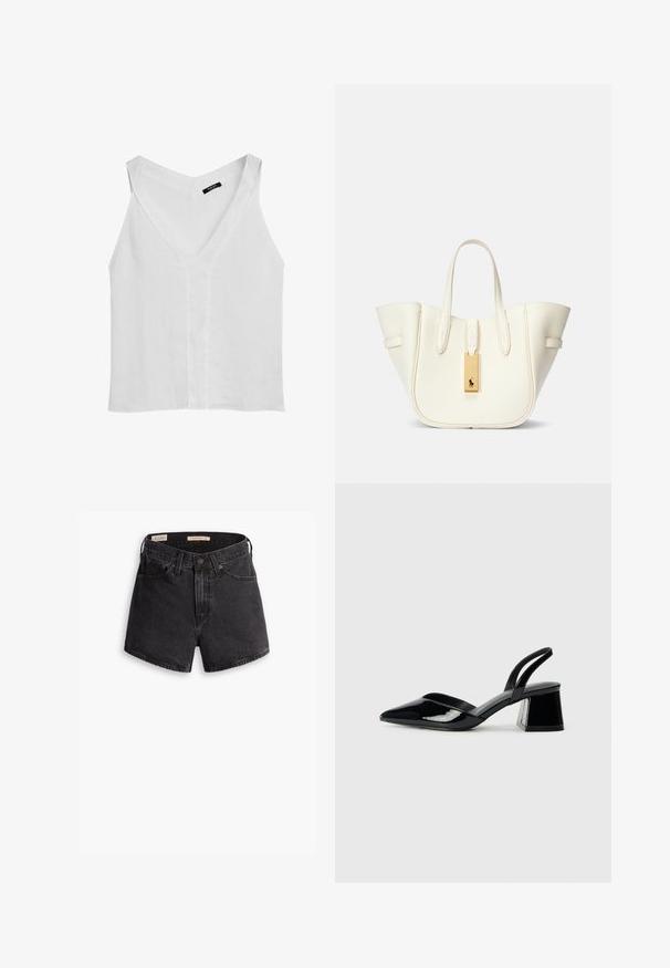 Massimo Dutti FLOWING DOUBLE FABRIC GARMENT - Top - white; Shorts in denim nero a vita alta, con chiusura con bottone frontale, quattro tasche e una finitura leggermente consumata.; Décolleté in vernice nera con punta affusolata e tacco in geometria cubica. Presentano un design elegante e minimalista, con una texture liscia.; Borsa tote in pelle bianca con forma strutturata, cuciture evidenti, etichetta in metallo dorato e manici doppi. Superficie testurizzata con tasche laterali.