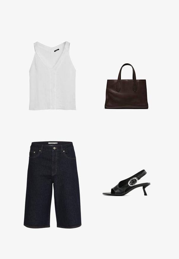 Massimo Dutti FLOWING DOUBLE FABRIC GARMENT - Top - white; Dark denim shorts with a mid-rise waist, straight cut, and contrasting orange stitching. Features front pockets and a button closure.; Black leather slingback shoe with an open toe, featuring a silver oval buckle on the strap and a slender kitten heel. Smooth texture.; Brown leather tote bag with two elongated handles, structured rectangular shape, smooth texture, and subtle stitching details.