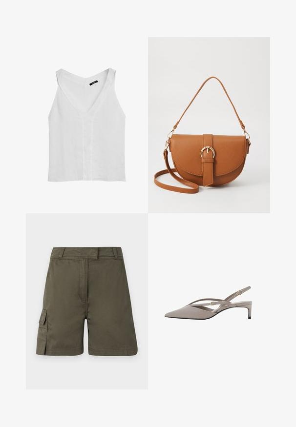 Massimo Dutti FLOWING DOUBLE FABRIC GARMENT - Top - white; Olivové cargo šortky s rovným střihem, malou boční kapsou a knoflíkovým zapínáním. Vyrobené z odolné látky s hladkým povrchem.; Beige lodičky na podpatku s špičatou špičkou, tenkými kříženými pásky a krátkým jehlovým podpatkem. Hladká tkanina s pozlacenými kovovými detaily.; Hnědá kožená křížová taška s zakřiveným tvarem, zlatými detaily a akcentem s přezkou. Obsahuje odnímatelný popruh na rameno.