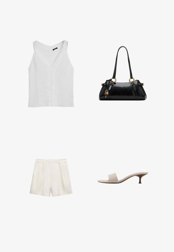 Massimo Dutti FLOWING DOUBLE FABRIC GARMENT - Top - white; White shorts made of a smooth fabric, featuring a pleated design, side pockets, and a hem that falls just above the knee.; Heel-less sandal with a beige woven fabric upper, open toe, and curved wooden midsole. The design features a smooth texture and minimalist shape.; Black leather handbag with a smooth texture, rounded shape, gold hardware accents, and dual handles. Features a decorative lock on the side.