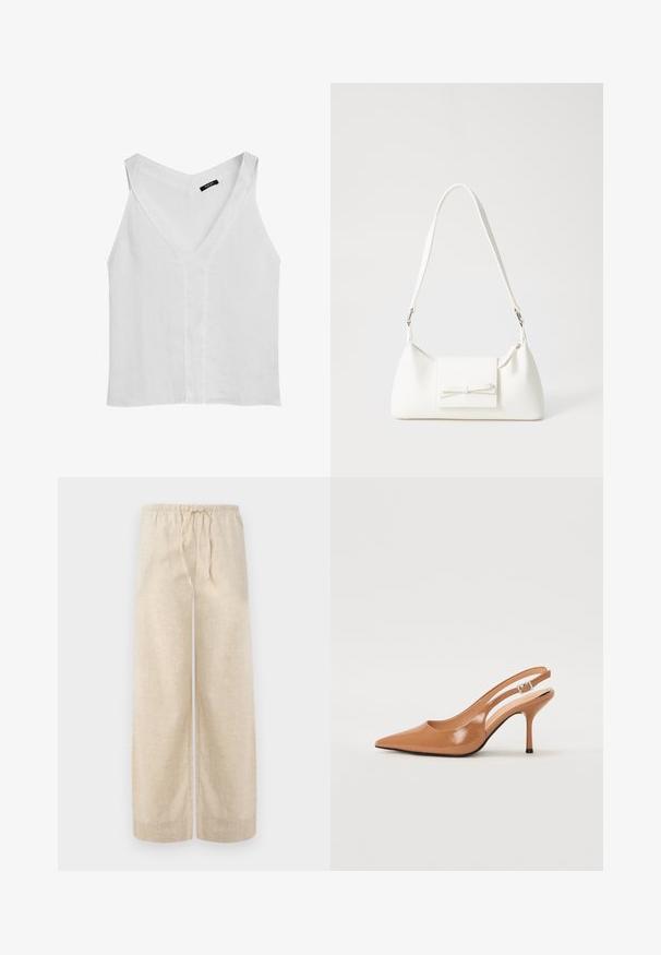 Massimo Dutti FLOWING DOUBLE FABRIC GARMENT - Débardeur - white; Pantalons amples en lin beige avec une taille élastique et un cordon de serrage. Le tissu a une finition texturée, offrant un aspect léger et aéré.; Escarpin à talon slingback à bout pointu en matériau beige lisse et brillant. Présente un design de découpes courbées et un talon aiguille fin. Détail de boucle en argent.; Sac à main synthétique blanc en forme triangulaire, avec un rabat avant plat et un détail en nœud, une bandoulière ajustable, une texture lisse et un design minimaliste.