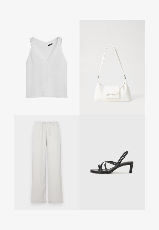 Massimo Dutti FLOWING DOUBLE FABRIC GARMENT - Top - white; Lysegrå vide benbukser lavet af blødt materiale, med elastisk talje og snor, samt to sidelommer.; Sort remsandale med firkantet tå og en lav blokeret hæl. Har flere tynde stropper og en justerbar ankelrem. Fremstillet af glat læder.; Hvid syntetisk håndtaske med en trekantet form, flad forsideklap og sløjfedetalje, justerbar strop, glat tekstur og minimalistisk design.