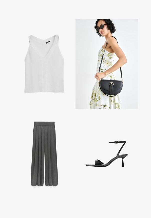 Massimo Dutti FLOWING DOUBLE FABRIC GARMENT - Top - white; Grijze geplooide culottes van een gestructureerde stof, met een wijde pijpontwerp en een elastische tailleband voor een ontspannen pasvorm.; Bershka Sandalen met hoge hak - black; Zwarte leren handtas met een gebogen vorm, afneembare schouderband en gouden hardware. De tas heeft een klep met een gespsluiting.