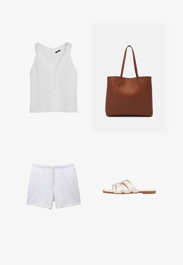 Massimo Dutti FLOWING DOUBLE FABRIC GARMENT - Top - white; Helle graue Baumwollshorts mit einem elastischen Bund und Kordelzug. Sie haben eine weiche Textur und einen geraden Schnitt ohne erkennbare Muster.; Flache Sandalen mit einer honigfarbenen Gummisohle, gestaltet mit drei überlappenden weißen Lederriemen und einem kleinen Schleifendetail in der Mitte.; Braune Leder-Tote mit glatter Textur, offenem Oberteil und zwei Schulterriemen. Verfügt über minimale Nähte und keine sichtbaren Beschläge.