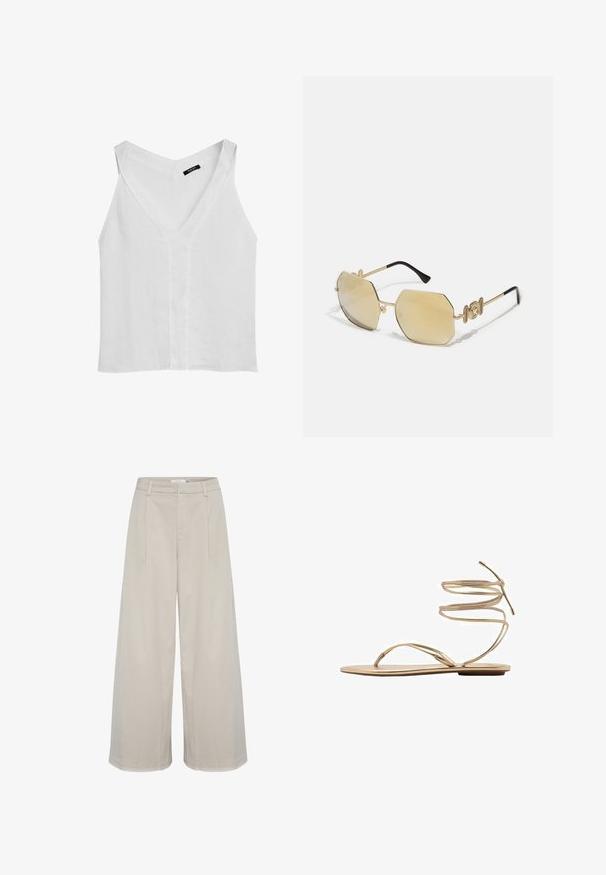 Massimo Dutti FLOWING DOUBLE FABRIC GARMENT - Top - white; Světle béžové kalhoty s širokými nohavicemi vyrobené z hladkého materiálu, s vysokým pasem, dvěma předními záhyby a čistě šitými lemy.; Zlaté ploché sandály s tenkými spirálovými kotníkovými popruhy, otevřenou špičkou a minimalistickou podrážkou. Mají hladký, metalický povrch.; Versace MEDUSA BIGGIE - Sluneční brýle - gold-coloured/gold-coloured; Tkaná hnědá kabelka s obdélníkovým tvarem, pevnou rukojetí a texturovaným povrchem. Disponuje uzavřeným vrchem a složitým vzorem tkaní.