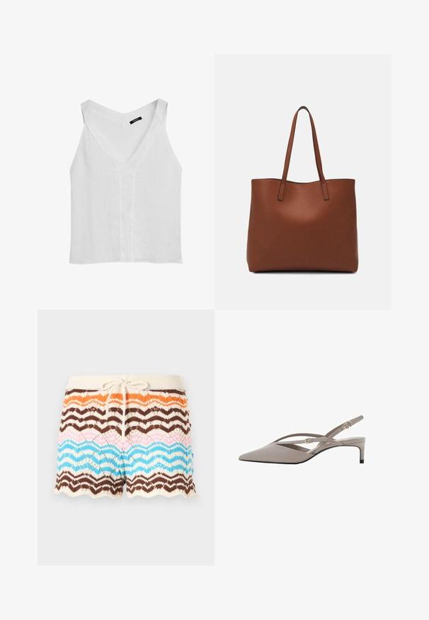 Massimo Dutti FLOWING DOUBLE FABRIC GARMENT - Top - white; Strikkede shorts med et bølge mønster i nuancer af orange, brun, pink og blå, med en cremefarvet talje og en snor i taljen. Bølget kant.; Beige slingback hæle med spidse tæer, tynde krydsede stropper og en kort stiletto hæl. Glat stof med hardware i guld-tone.; Brun læder tote taske med en glat overflade, åben topdesign og to skulderremme. Har minimal syning og ingen synlig hardware.