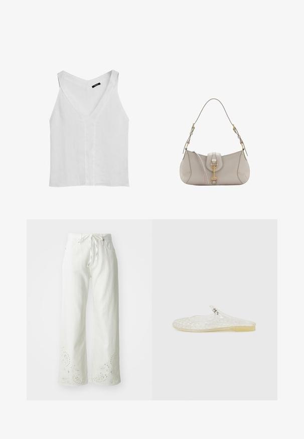 Massimo Dutti FLOWING DOUBLE FABRIC GARMENT - Linne - white; Vita vida byxor i bomull med dragsko i midjan och broderade paisleymönster vid fållen. Slät textur.; Genomskinlig plastskor med mönster i rutnät, rund tå och en liten silverdetalj på remmen. Flexibel sula i genomskinlig färg.; Ljusgrå läderhandväska med en böjd form, guldfärgad hårdvara, ett framfäste och sömnadsdetaljer. Justerbar axelrem ingår.