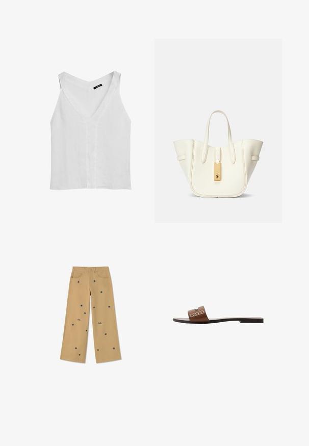 Massimo Dutti FLOWING DOUBLE FABRIC GARMENT - Top - white; Thinking Mu HEDDA - Broek - camel; Bruine leren slip-on sandalen met een platte zool, voorzien van een brede band en witte geometrische accenten voor een minimalistisch ontwerp.; Witte leren tote bag met een gestructureerde vorm, prominente stiksels, gouden hardwarelabel en dubbele handgrepen. Gelaagde oppervlakte met zijzakken.