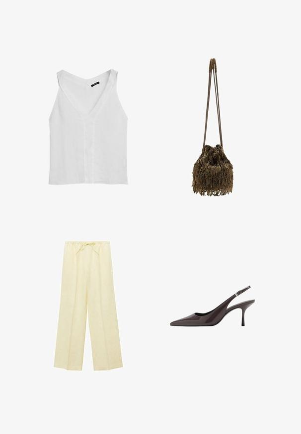 Massimo Dutti FLOWING DOUBLE FABRIC GARMENT - Top - white; Mango ALADA - Broek - light yellow; Puntige slingback hakken in donkerbruin lakleer, met een slanke hoge hak en een verstelbare enkelband met een gesp.; Bronzen tas met een geplooide bovenkant, versierd met lange, dunne franjes. Twee slanke hengsels om te dragen. Textuur met een metallic glans.