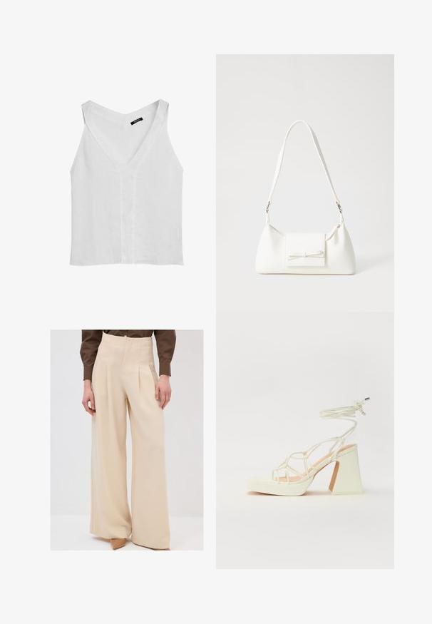 Massimo Dutti FLOWING DOUBLE FABRIC GARMENT - Top - white; Beige vidde bukser med høj talje, folder foran og en glat tekstur, parret med lyse hæle.; Hvide højhælede sandaler med en kraftig hæl, der har et stropdesign og ankelbinding. Glat tekstur med en platform foran for ekstra højde.; Hvid syntetisk håndtaske med en trekantet form, flad forsideklap og sløjfedetalje, justerbar strop, glat tekstur og minimalistisk design.