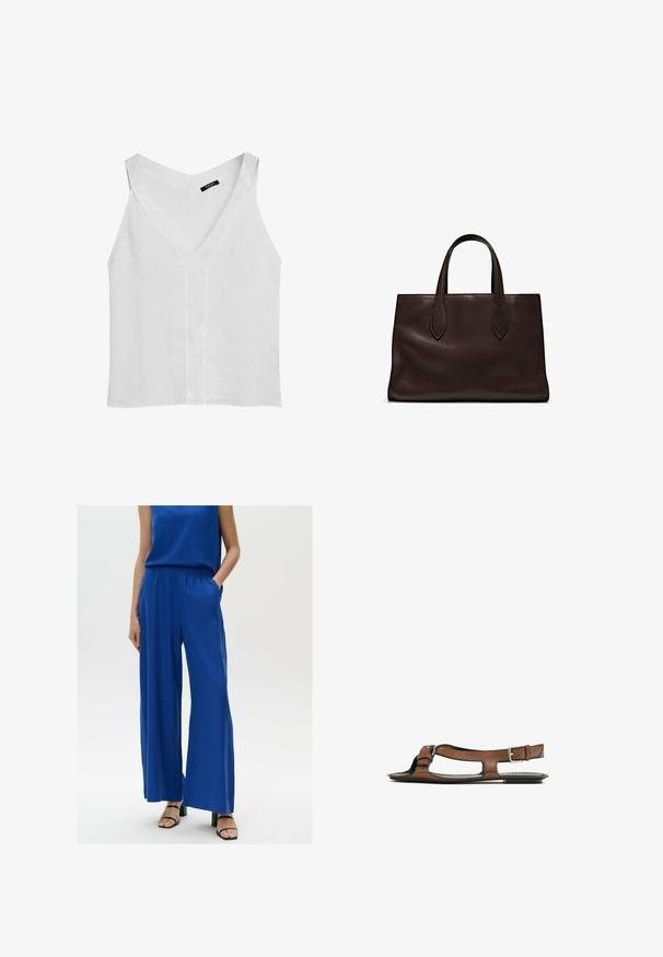 Massimo Dutti FLOWING DOUBLE FABRIC GARMENT - Top - white; Modré kalhoty širokého střihu s elastickým pasem a bočními kapsami, vyrobené z lehkého materiálu. V kombinaci s černými sandály na podpatku.; Hnědá kožená sandál s otevřenou špičkou a bočními výřezy. Obsahuje kotníkový pásek s kovovou sponou a plochou podrážku.; Hnědá kožená taška přes rameno s dvěma dlouhými uchy, strukturální obdélníkový tvar, hladká textura a jemné švy.