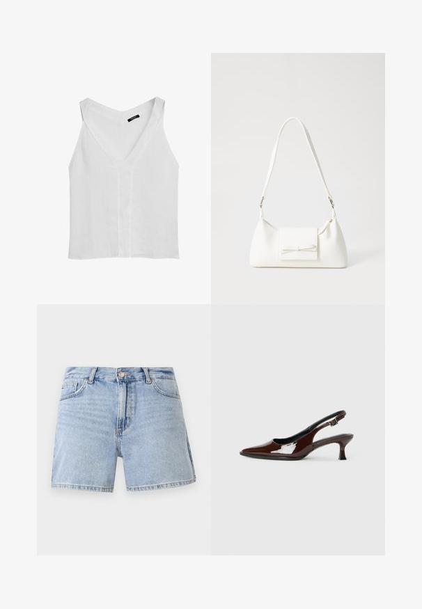 Massimo Dutti FLOWING DOUBLE FABRIC GARMENT - Top - white; Světle modré džínové šortky s vysokým pasem, klasickým pěti-pocket designem a zfranými okraji. Vyrobeno z bavlny s vybledlým vzhledem.; Hnědé lakované kožené slingback boty s špičatou špičkou a mírným podpatkem. Disponují přezkou pro bezpečné upevnění. Hladký povrch.; Bílá syntetická kabelka v trojúhelníkovém tvaru, s plochým předním klopným víkem a detailem mašle, nastavitelným popruhem, hladkým povrchem a minimalistickým designem.