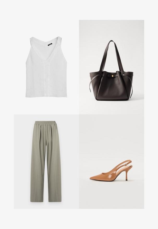 Massimo Dutti FLOWING DOUBLE FABRIC GARMENT - Linne - white; Höga, ljusgrå vida byxor med elastisk midja och veck framtill.; Tåspets slingback-häl i ett slätt, glansigt brunt material. Har en kurvad utskärning och en smal stilettklack. Silverdetalj med spänne.; Mörkbrun läder tote-väska med två stabila handtag, en förstärkt topp och en guldtonad knappstängning. Texturerad yta med minimal dekoration.