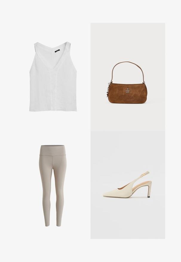 Massimo Dutti FLOWING DOUBLE FABRIC GARMENT - Top - white; Beige leggings gemaakt van rekbaar materiaal, met een hoge taille en een gladde textuur, zonder zichtbare patronen of hardware-details.; Beige leren slingback hakken met een spitse neus, open zijkant en een slanke hoge hak. Voorzien van een gouden accent op de band.; Bruine suède handtas met een korte schouderriem. Heeft een zilveren logo, steraccent en een gladde textuur. Compacte rechthoekige vorm.