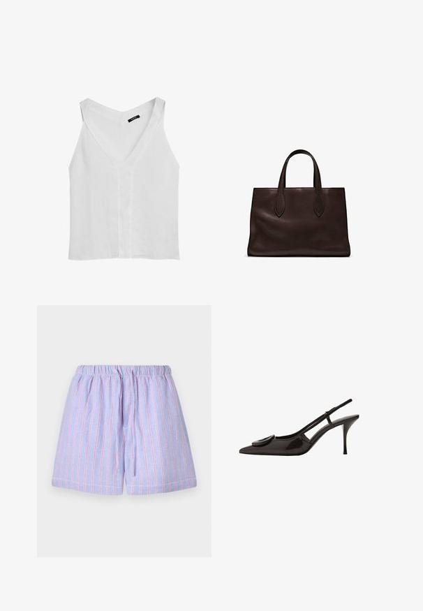 Massimo Dutti FLOWING DOUBLE FABRIC GARMENT - Linne - white; Ljuslila shorts med rosa vertikala ränder, med ett elastiskt midjeband och snörning. Tillverkade av mjukt tyg med en avslappnad passform.; Svart lackläder slingback-sko med spetsig tå, minimalistisk design, liten cirkulär accent på framfoten och smal klack.; Brun läder tote-väska med två avlånga handtag, strukturerad rektangulär form, slät textur och subtila sömdetaljer.