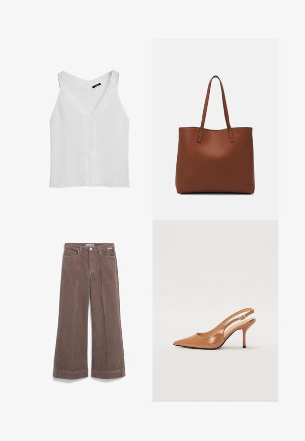 Massimo Dutti FLOWING DOUBLE FABRIC GARMENT - Top - white; Braune weite Cordhosen mit glatter Textur, zwei Fronttaschen und Knopfverschluss. Verfügt über einen sauberen Saum und eine entspannte Passform.; Spitz zulaufender Slingback-Absatz aus einem glatten, glänzenden, tanfarbenen Material. Mit einem geschwungenen Ausschnitt-Design und einem schlanken Stiletto-Absatz. Silberne Schnallendetails.; Braune Leder-Tote mit glatter Textur, offenem Oberteil und zwei Schulterriemen. Verfügt über minimale Nähte und keine sichtbaren Beschläge.