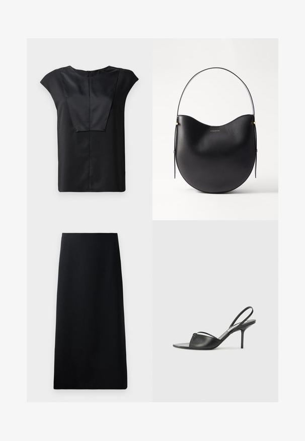 Must have lühikeste varrukate ja sileda kangaga must top, millel on lai kaelus, ristkülikukujuline esikujundus ja tagasi peidetud tõmblukk.; Must ikksinine seelik, mis on valmistatud siledast kangast, omades struktureeritud siluetti, sirget vormi ning ilma nähtavate mustrite või kaunistusteta.; Mustaid nahk slingback kontsad terava nokaga, peene pahklu rihmaga ja stilettokandaga. Omab sõlme detaili vampi peal.; Mustmustast mustrahk, millel on kumer kuju, õhuke sang ja peened kuldsed aksessuaarsed. Sile tekstuur ja minimalistik disain.