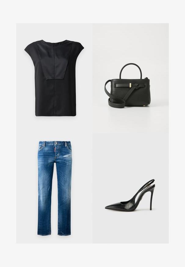 Čierny krátky rukáv top vyrobený z hladkej látky, s širokým výstrihom, obdĺžnikovým predným dizajnom a diskrétnym zipsom na chrbte.; Modré slim-fit džínsy s jemným blednutím, malým opotrebovaním na pravej stehne a ľavom leme, predné vrecká, pútka na opasok a zapínanie na gombík.; Čierne slingback lodičky s špicatou špičkou, textúrovaným hadím vzorom, ihlovým podpätkom a dekoratívnou prackou na pásiku.; Čierna kožená kabelka s textúrovaným povrchom, hornými uchami a dlhým nastaviteľným popruhom. Vpredu má zlatý kovový doplnok.
