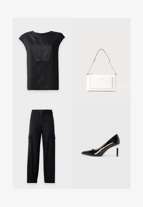 Top preto de manga curta, feito de tecido liso, com uma gola ampla, um design frontal retangular e um fecho discreto nas costas.; Calças cargo pretas com um design de perna reta, apresentando dois bolsos laterais e um cinto com uma fivela retangular. Textura de tecido suave.; Sapato de salto alto em verniz preto com bico fino e design recortado; apresenta um elegante detalhe dourado no salto. Simples e elegante.; Bolsa de mão branca em couro com acabamento texturizado, featuring a corrente dourada e detalhes pretos. Inclui um bolso frontal e fecho com zipper.