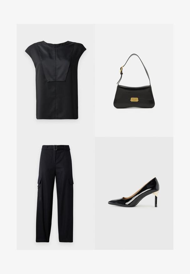 Black short-sleeve top made of smooth fabric featuring a wide neckline, a rectangular front design, and a discreet back zipper.; Black cargo pants with a straight-leg design, featuring two side pockets and a belt with a rectangular buckle. Smooth fabric texture.; Black patent leather high heel shoe with a pointed toe and cut-out design; features a sleek gold accent on the heel. Simple and elegant.; Black leather handbag with a curved design, gold logo plate accent, and a slim shoulder strap. Smooth texture with a sleek finish.