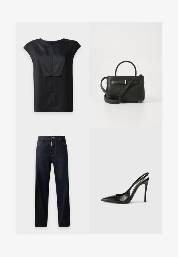 Svart topp med korta ärmar i mjukt tyg, med en bred halsringning, rektangulär framsidesdesign och en diskret dragkedja bak.; Mörkblå denimjeans med rak passform, med knappstängning, bältesöglor och ljusa kontrasterande sömmar. Inga mönster eller dekorationer.; Svart slingback-pump med spetsig tå, texturerat ormskinnsmönster, stilettklack och en dekorativ spänne på remmen.; Svart läderhandväska med texturerad yta, topphandtag och en lång justerbar axelrem. Utrustad med en guldfärgad metalldetalj på framsidan.