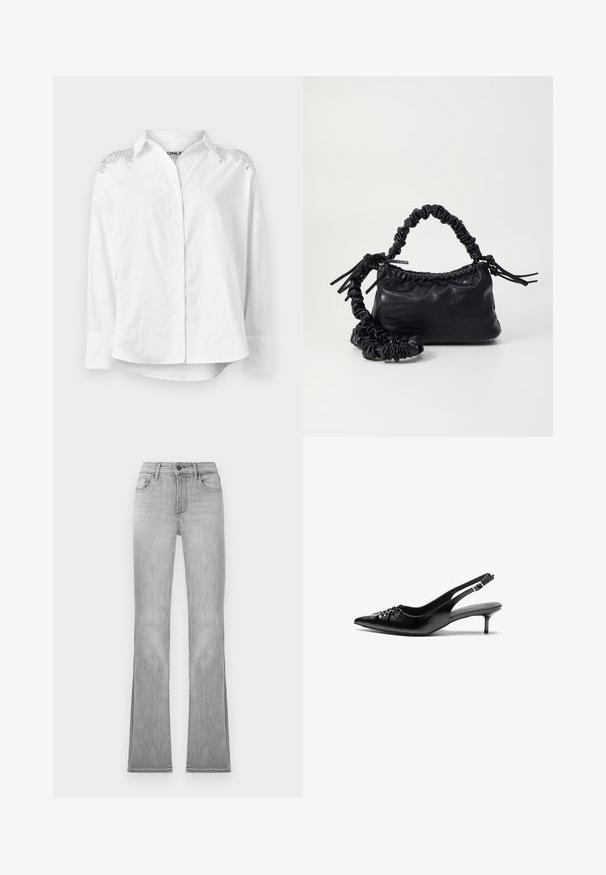 Chemise blanche à boutons avec un col structuré, des manches longues et des détails décoratifs sur les épaules. Présente une coupe décontractée et une texture lisse.; Jean évasé gris clair avec une texture en denim lisse, comportant des poches avant et une fermeture à bouton. L'ourlet a des fentes latérales pour un détail supplémentaire.; Des escarpins en cuir noir à talon slingback, avec un bout pointu, un petit talon kitten et un détail de nœud décoratif à l'avant. Texture lisse sur toute la surface.; Sac à main en simili cuir noir avec une texture crocodile, un dessus resserré et une sangle froncée. A l'apparence douce et compacte.