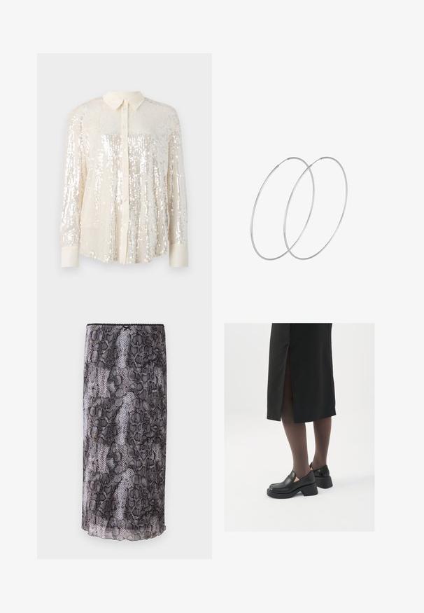 Mirdzoša pogkrekliņa krekls gaismas krēmkrāsā. Ir klasiskā apkakle, garas piedurknes un spīdīgās sekvīnas detaļas visā kreklā, lai radītu teksturētu izskatu.; Melna un pelēka čūska rakstapiltote, kas izgatavota no caurspīdīga, teksturēta auduma. Iezīmējas ar viļņotu apakšmalu un augšmalas dekoru.; Melni ādas apavi ar noapaļotu purngalu, biezām bloku papēžiem un elastīgiem sānu akcentiem, apvienoti ar tumšām zeķubiksēm un melnu svārku ar šķirbu.; Sudraba gredzenveida auskari ar minimālistisku dizainu. Cirkulāra forma, gluda tekstūra un plāns profils. Vieglu svaru ar spīdīgu apdari.