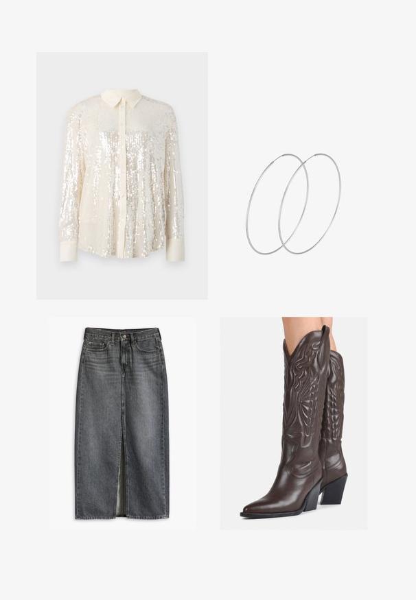 Svetlucava košulja s dugim rukavima u svijetloj krem boji. Ima klasičnu ovratnicu, duge rukave i sjajne detalje od šljokica raspoređene po cijeloj površini za teksturirani izgled.; Traper suknja tamno siva s prednjim prorezom, pet džepova i kopčanjem na dugme. Izrađena od čvrstog materijala s glatkom teksturom.; Smeđe kožne kauboj čizme s šiljastim vrhom i blok-potpeticom, s detaljno izvezenim šavovima i uzdignutim naglascima na okovu.; Srebrne okrugle naušnice s minimalističkim dizajnom. Kružni oblik, glatka tekstura i tanak profil. Lagane s poliranim završetkom.