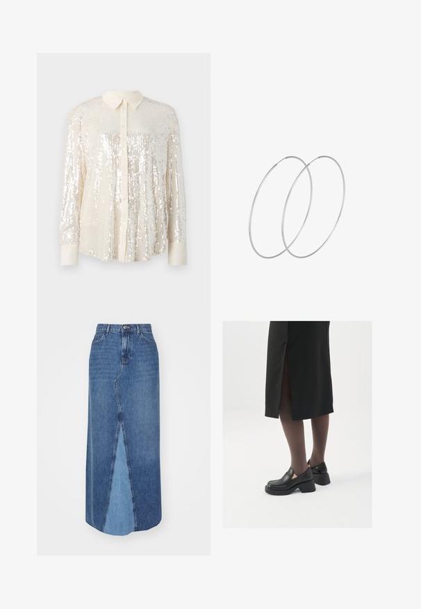 Mirdzoša pogkrekliņa krekls gaismas krēmkrāsā. Ir klasiskā apkakle, garas piedurknes un spīdīgās sekvīnas detaļas visā kreklā, lai radītu teksturētu izskatu.; Denim maksi svārki ar augsto jostu, priekšēju šķēlumu un krāsu blokāžu ar tumšākām un gaišākām zilām nokrāsām.; Melni ādas apavi ar noapaļotu purngalu, biezām bloku papēžiem un elastīgiem sānu akcentiem, apvienoti ar tumšām zeķubiksēm un melnu svārku ar šķirbu.; Sudraba gredzenveida auskari ar minimālistisku dizainu. Cirkulāra forma, gluda tekstūra un plāns profils. Vieglu svaru ar spīdīgu apdari.