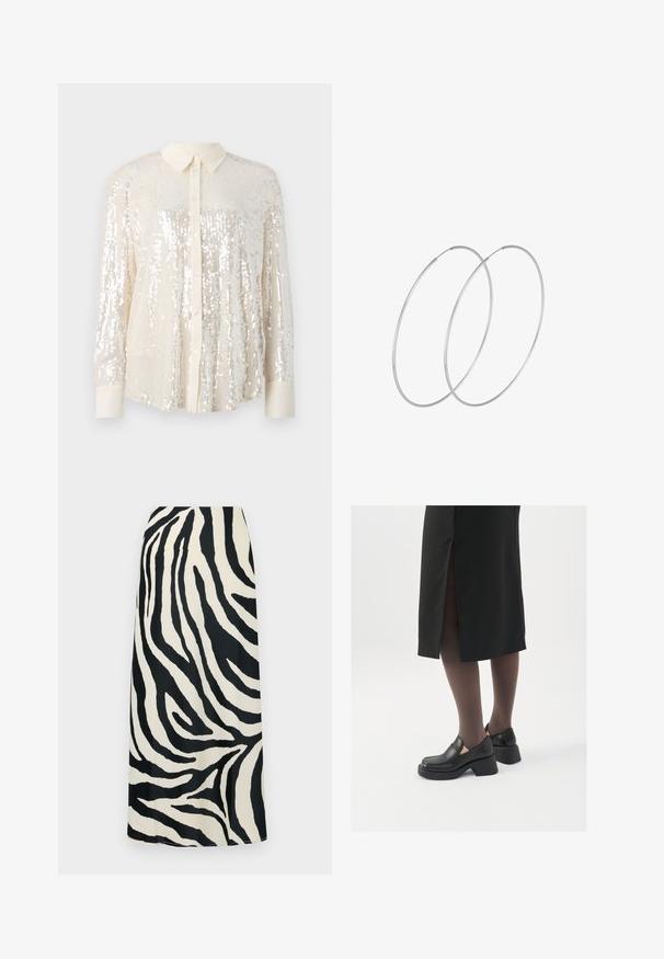 Pailletten-Hemd in hellcreme. Verfügt über einen klassischen Kragen, lange Ärmel und glänzende Paillettenverzierungen für einen strukturierten Look.; Schwarz-weißer, zebra-gemusterter Maxirock mit glatter Textur, hoher Taille und geradem Schnitt.; Schwarze Lederschuhe mit abgerundetem Zeh, dicker Blockabsatz und elastischen seitlichen Akzenten, kombiniert mit dunklen Strumpfhosen und einem schwarzen Rock mit Schlitz.; Silberne Creolen mit minimalistischem Design. Rundform, glatte Oberfläche und dünnes Profil. Leichtgewichtig mit hochglänzender Oberfläche.