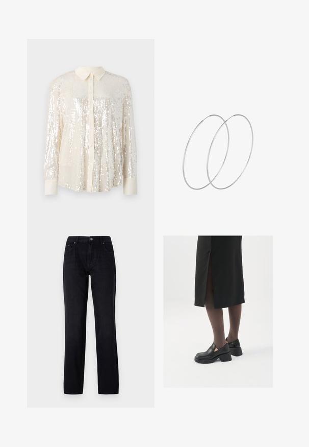 Šviesiai kreminė palaidinė su blizgiomis paillettes. Turi klasikį apykaklę, ilgomis rankovėmis ir blizgančių paillettes detalių visame paviršiuje, suteikiančių tekstūrinį efektą.; Juodi džinsai su tiesiu kirpimu, penkios kišenės, užsegimas mygtuku ir užtrauktuku bei subtilūs siuvimo detalės. Nėra matomų dėvėjimo ar nusidėvėjimo požymių.; Juodos odinės bateliai su apvaliu nosiu, stora blokine pakulne ir elastingais šonais, derinami su tamsiomis pėdkelnėmis ir juoda sijonu su plyšiu.; Sidabrinės pusmėnulio auskarai minimalistiniu dizainu. Apskritimo forma, lygus paviršius ir plonas profilis. Lengvi su poliruotu apdailu.