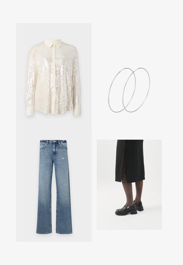 Svetlucava košulja s dugim rukavima u svijetloj krem boji. Ima klasičnu ovratnicu, duge rukave i sjajne detalje od šljokica raspoređene po cijeloj površini za teksturirani izgled.; Svijetloplavi traperice s visokim strukom, širokim nogavicama, blagim trošenjem i klasičnom petodžepnom konstrukcijom.; Crne kožne cipele s zaobljenim vrhom, debelim blok petama i elastičnim bočnim detaljima, uparene s tamnim čarapama i crnom suknjom s prorezom.; Srebrne okrugle naušnice s minimalističkim dizajnom. Kružni oblik, glatka tekstura i tanak profil. Lagane s poliranim završetkom.