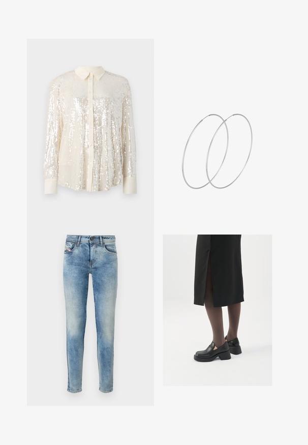 Kuldse osaga särg hõlmadega helesegustes. Omab klassikalist krae, pikki varrukaid ja läikivat pärlite detaili, mis annab tekstuurse välimuse.; Helekeste sinise denimi teksad kitsas lõikega, viie taskuga disain ja veidi pleekinud tekstuur. Omab nööpkinnitamist ja õmblusdetailide lisandusi.; Mustad mustad jalatsid ümmarguse varbaga, paksu plokkniidi ja elastsete külgdetailidega, kombineeritud tumedate sukkade ja musta lõhikuga seelikuga.; Hõbedased rõngastikkaehingad minimalistlikus disainis. Ümar kuju, sile tekstuur ja õhuke profiil. Kerged ning poleeritud viimistlusega.