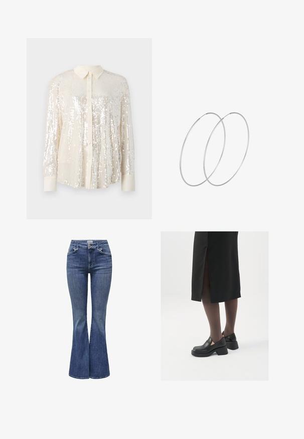 Kuldse osaga särg hõlmadega helesegustes. Omab klassikalist krae, pikki varrukaid ja läikivat pärlite detaili, mis annab tekstuurse välimuse.; Keskmise sinise tooniga denimpluusidega teksad, millel on kõrge vöökoht, viie tasku disain ja kontrastne õmblus. Ees nupuga sulgemine.; Mustad mustad jalatsid ümmarguse varbaga, paksu plokkniidi ja elastsete külgdetailidega, kombineeritud tumedate sukkade ja musta lõhikuga seelikuga.; Hõbedased rõngastikkaehingad minimalistlikus disainis. Ümar kuju, sile tekstuur ja õhuke profiil. Kerged ning poleeritud viimistlusega.