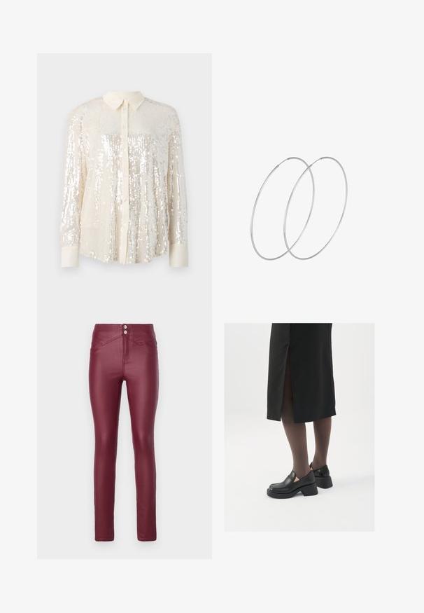 Sequin button-up shirt in light cream. Features a classic collar, long sleeves, and shiny sequin detailing throughout for a textured look.; Burgundy faux leather skinny pants with a high waist, featuring two front buttons, angled front pockets, and a smooth, glossy texture.; Black leather shoes with a rounded toe, thick block heel, and elastic side accents, paired with dark tights and a black skirt with a slit.; Silver hoop earrings with a minimalist design. Circular shape, smooth texture, and thin profile. Lightweight with a polished finish.