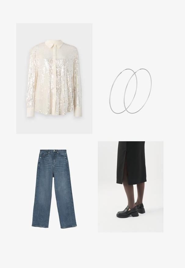 Kuldse osaga särg hõlmadega helesegustes. Omab klassikalist krae, pikki varrukaid ja läikivat pärlite detaili, mis annab tekstuurse välimuse.; Sinine teksariie laiad püksid tekstuuriga mustriga, viie tasku disainiga, metallnuppude sulgemisega ja õmbluste ääred, näidates mugavat istuvust.; Mustad mustad jalatsid ümmarguse varbaga, paksu plokkniidi ja elastsete külgdetailidega, kombineeritud tumedate sukkade ja musta lõhikuga seelikuga.; Hõbedased rõngastikkaehingad minimalistlikus disainis. Ümar kuju, sile tekstuur ja õhuke profiil. Kerged ning poleeritud viimistlusega.