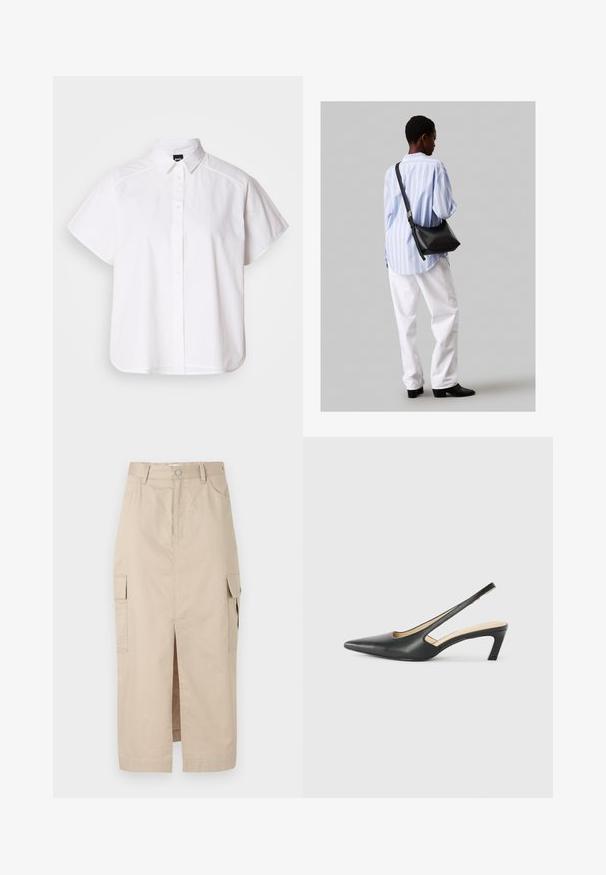 Cămașă albă cu mânecă scurtă, cu nasturi, guler ascuțit și margine curbă. Fabricată din bumbac, cu o textură netedă și fără modele vizibile.; Fustă cargo bej din bumbac, cu decupaj frontal, buzunare aplicate pe laterale și închidere cu nasturi la talie. Textură netedă pe întreaga suprafață.; Pantof cu toc mic, cu vârf ascuțit și slingback, realizat din piele netedă, având un design decupat pe lateral pentru respirabilitate.; Geantă de umăr din piele neagră cu o textură moale, formă triunghiulară și curea ajustabilă, asortată cu o bluză cu dungi albastre deschise și pantaloni albi.