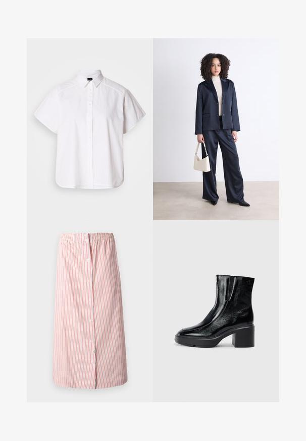 Hvid kortærmet skjorte med knaplukning, spidse kraver og buet nederste kant. Lavet af bomuld med en glat struktur og uden synlige mønstre.; Stribet nederdel i hvid med røde lodrette striber, med elastisk talje, frontknapper og en lige snit, knælængde design.; Sorte patenterede læderankelstøvler med en buet tå, elastiske sidepaneler og en kraftig blokhæl. Har et præget logo på bagsiden.; Marineblå dragt med en skræddersyet blazer og brede bukser, parret med en lysegrå turtleneck. Holder en cremefarvet håndtaske med stropdetalje.