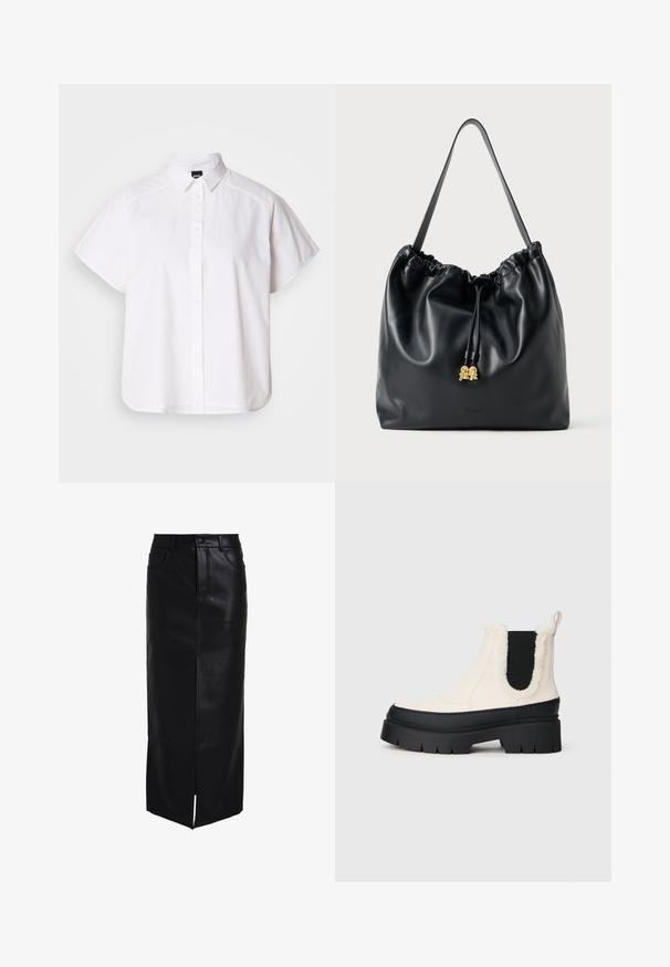 Camicia bianca a maniche corte con colletto a punta e orlo curvo. Realizzata in cotone con una texture liscia e senza motivi visibili.; Gonna maxi nera in pelle con vita aderente, zip frontale e dettaglio con spacco laterale. Texture liscia con classico design a cinque tasche.; Stivali alla caviglia con piattaforma spessa, upper bianco, suola in gomma nera e pannelli laterali elastici neri a contrasto. Bordo superiore in pelliccia sintetica.; Borsa a tracolla nera in pelle con texture liscia, parte superiore arricciata e hardware dorato sottile. Presenta una tracolla robusta e un logo impresso.