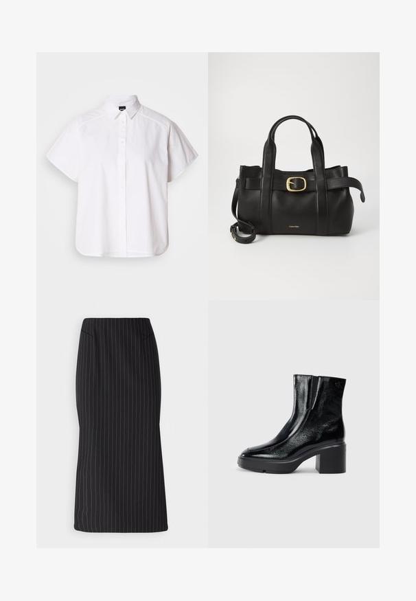 Balta trumpomis rankovėmis marškinėlių su atlenkiamu apykakle ir kreiva apačia. Pagaminta iš medvilnės, su sklandžiu paviršiumi ir be matomų raštų.; Patrizia Pepe GONNA SKIRT - Pieštukinis sijonas - black stripes; Juodi lakiniai auliniai batai iki kulkšnies, su išlenktu pirštu, elastinėmis šoninėmis panelėmis ir masyviu blokuotu kulnu. Apdailoje užpakalinėje dalyje įspaustas logotipas.; Juodas odinis rankinės maišas su struktūrizuotu dizainu, dviem viršutinėmis rankenomis, auksinės spalvos sagtimi ir iškilniu prekės ženklu priekyje.