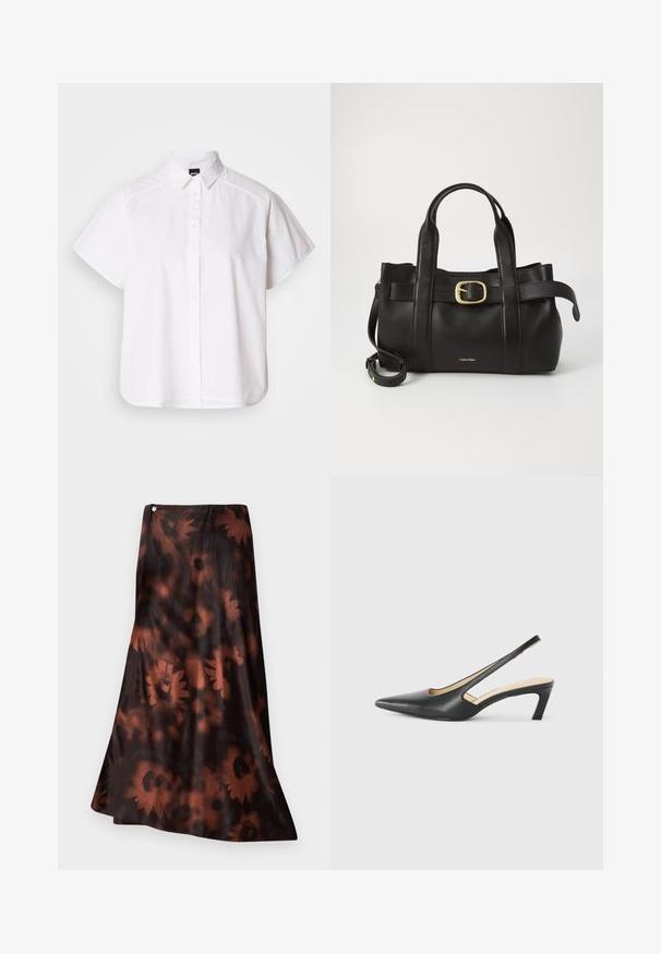 Balta īsajām piedurknēm krekls ar pogām un norādītu apkakli, kā arī viļņotu apakšmalu. Izgatavots no kokvilnas ar gludu tekstūru un bez redzamām rakstām.; Garā svārku dizains ar plūstošu siluetu, kuram ir tumši brūna pamatne ar ziedu rakstu bagātā rūsas krāsā un gludu, spīguļojošu tekstūru.; Melna, ar smailu purngalu, slingback kurpe ar zemu papēdi, izgatavota no gludas ādas materiāla un ar izgriezumiem sānos gaisa caurlaidībai.; Melnas ādas rokassoma ar strukturētu dizainu, divām augšējām rokturām, zelta toņa sprādzes akcentu un iegravētu zīmola logo priekšpusē.