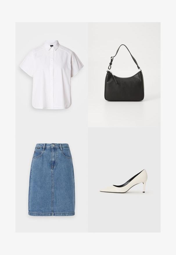 Weißes kurzärmliges Hemd mit Knopfleiste, spitzem Kragen und abgerundetem Saum. Hergestellt aus Baumwolle mit glatter Textur und ohne sichtbare Muster.; Jeansrock in hellblau mit geradem Schnitt, ausgestattet mit fünf Taschen, Gürtelschlaufen und einer vorderen Knopfschließe, mit sichtbaren Nähdetails.; Weiße Lackleder-Pump mit hohen Absätzen, spitzem Zehenbereich, schlankem Absatz und schwarzer Innenausstattung. Glatte Textur und elegantes Design.; Schwarze Lederhandtasche mit geschwungener Form, einem einzigen Tragegurt, Reißverschlussverschluss und dezentem Branding auf der Vorderseite. Glatte Textur, minimalistisches Design.