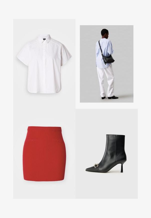 Balta trumpomis rankovėmis marškinėlių su atlenkiamu apykakle ir kreiva apačia. Pagaminta iš medvilnės, su sklandžiu paviršiumi ir be matomų raštų.; Raudona raštuota megzta sijonas su prigludusia forma, turintis dvi mažas mygtukais uždaromas kišenes priekyje ir lygų juosmens diržą.; Juodas odinis apavas iki kulkšnies su smailiu nosiu, plonu vidutinio aukščio kulnu ir sidabriniu sagties akcentu šone, prieš paprastą foną.; Juodas odinis petinis krepšys su minkšta tekstūra, trikampiu pavidalu ir reguliuojama juosta, derinamas su šviesiai mėlynu dryžuotu marškinėliu ir baltais džinsais.