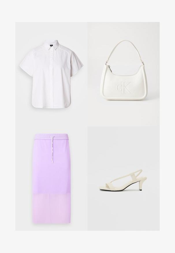Hvit kortermet skjorte med knapper, spiss krage og buet skjortekant. Laget av bomull med en glatt tekstur og uten synlige mønstre.; Lilla ribbet midiskjørt med elastisk midje og justerbar snor. Glatt tekstur, rett silhuett og ensfarget.; Beige blokk-høydesandaler med tynne stropper og firkantet tå. Glatt materiale med minimale detaljer, designet for enkel bruk.; Hvit lærveske med en buet fasong, med et preget "CK"-logo på forsiden og en enkel skulderstropp. Glidelåslukking på toppen.